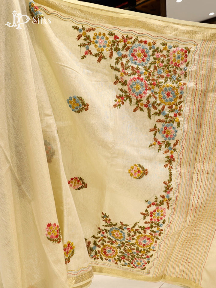 Off-White Linen Tissue Saree - G603-view3