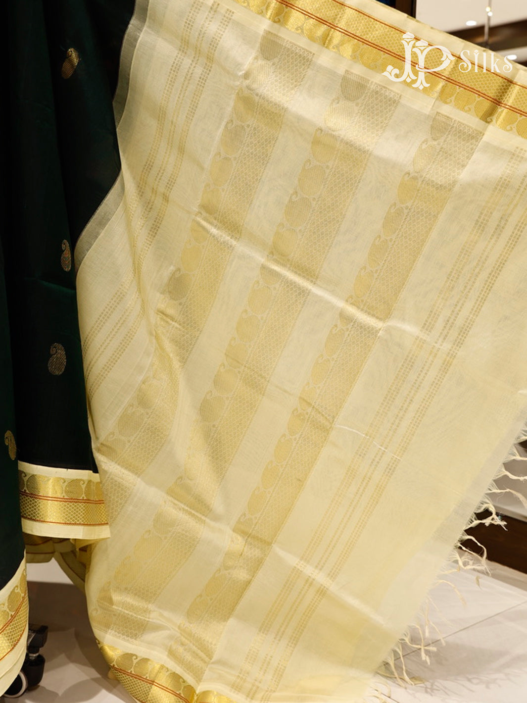 Bottle Green & Off-White  Silk Cotton Saree - F3648-view4