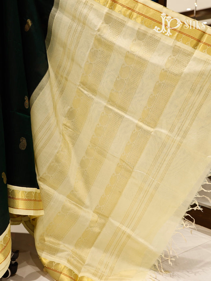 Bottle Green & Off-White  Silk Cotton Saree - F3648-view4