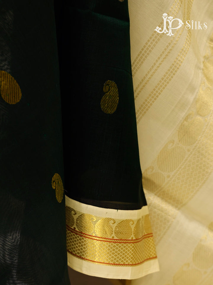 Bottle Green & Off-White  Silk Cotton Saree - F3648-view3