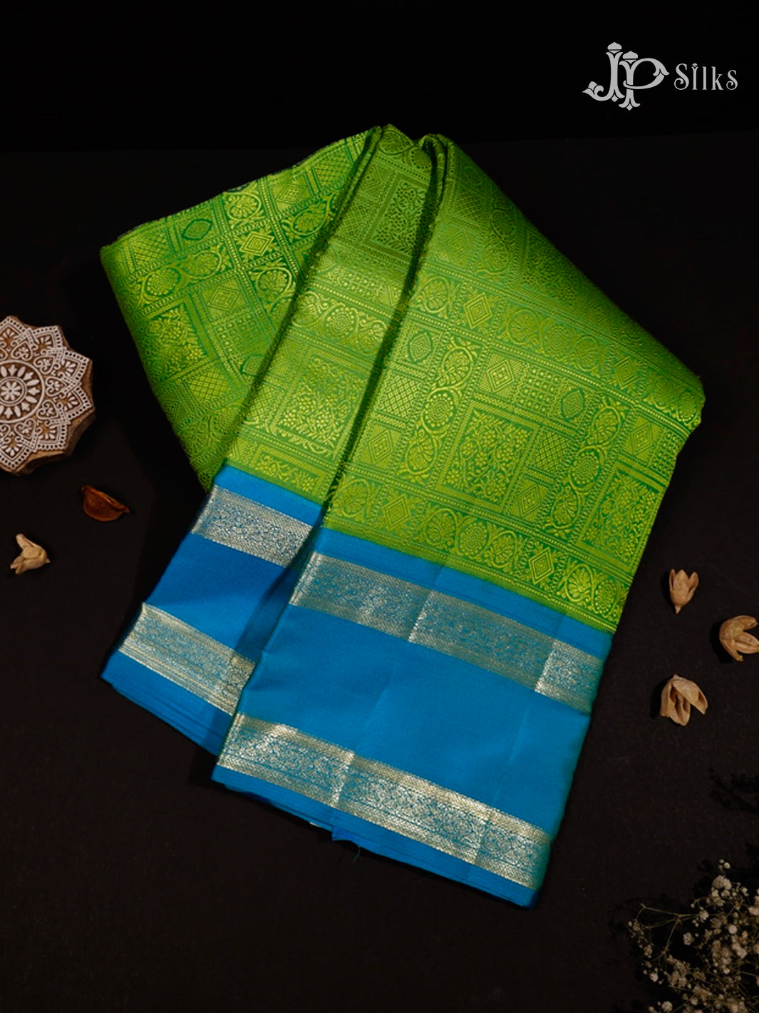 Parrot Green & Blue Kanchipuram Silk Saree - D7251-view1