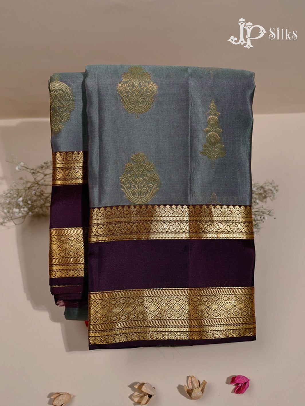 Grey & Coffee Brown Pure Silk Mix Saree - G837-view1