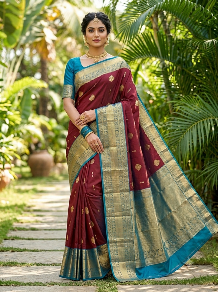 Maroon & Peacock Blue Pure Silk Mix Saree - G933