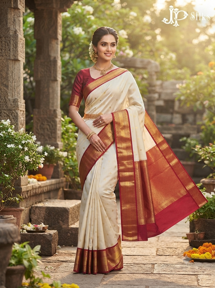 Cream & Maroon  Pure Silk Mix Saree - G941