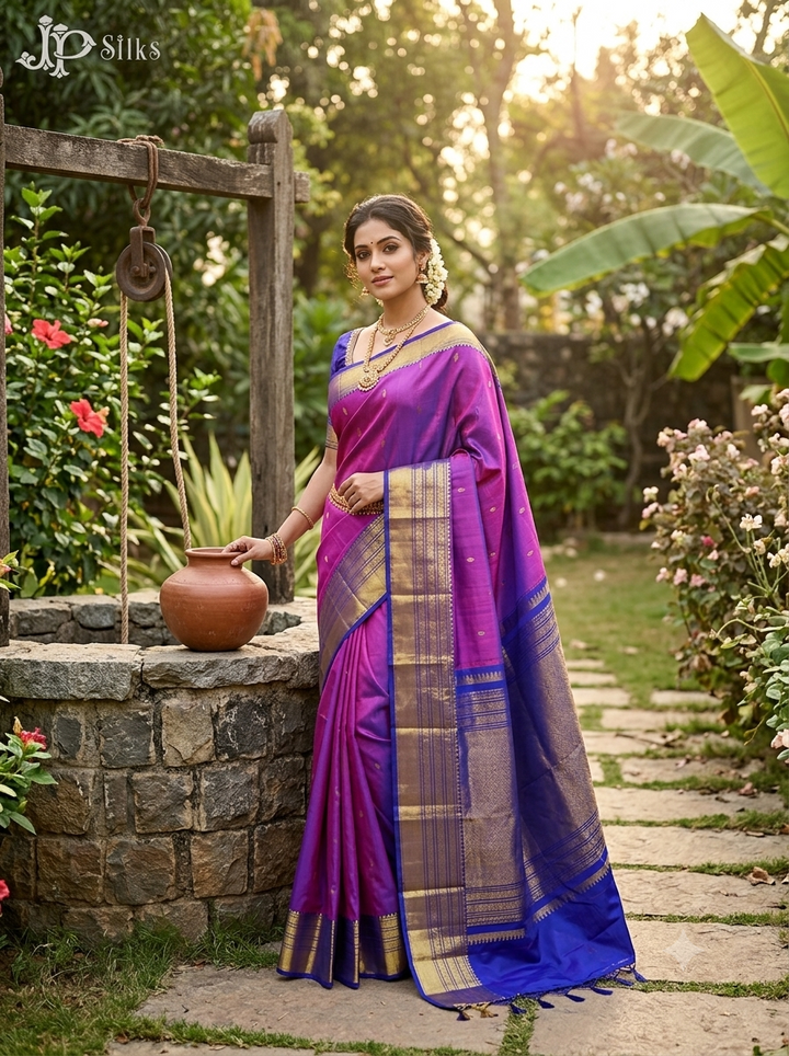 Blue Violet & Dark Blue Kanchipuram Silk Saree - G829