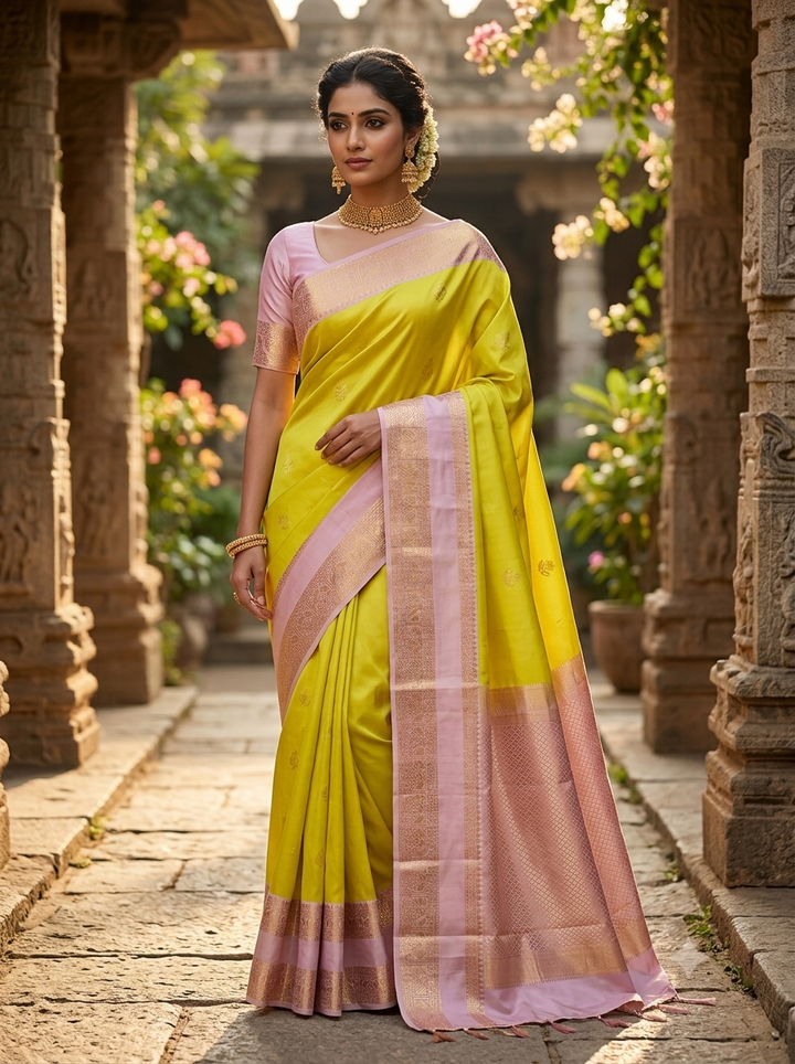 Lemon Yellow and Baby Pink Silk Mix Saree - H22