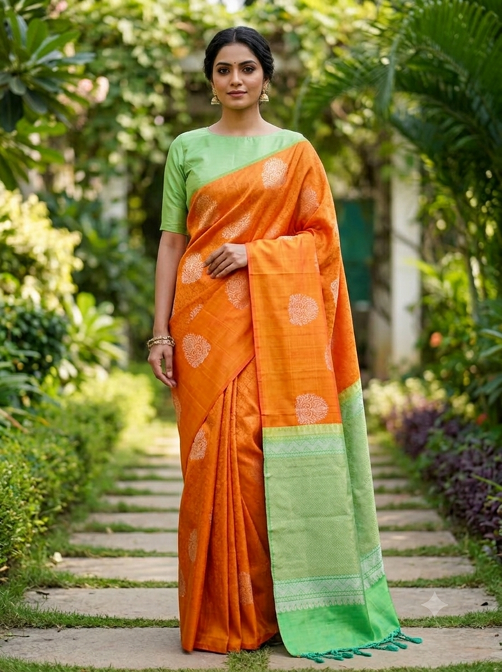 Rust Orange & light Green Soft Silk Saree - C2000