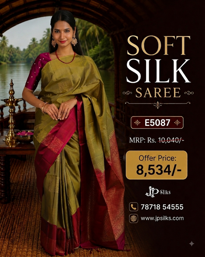 Mehandi Green and Maroon Soft Silk Saree - E5087