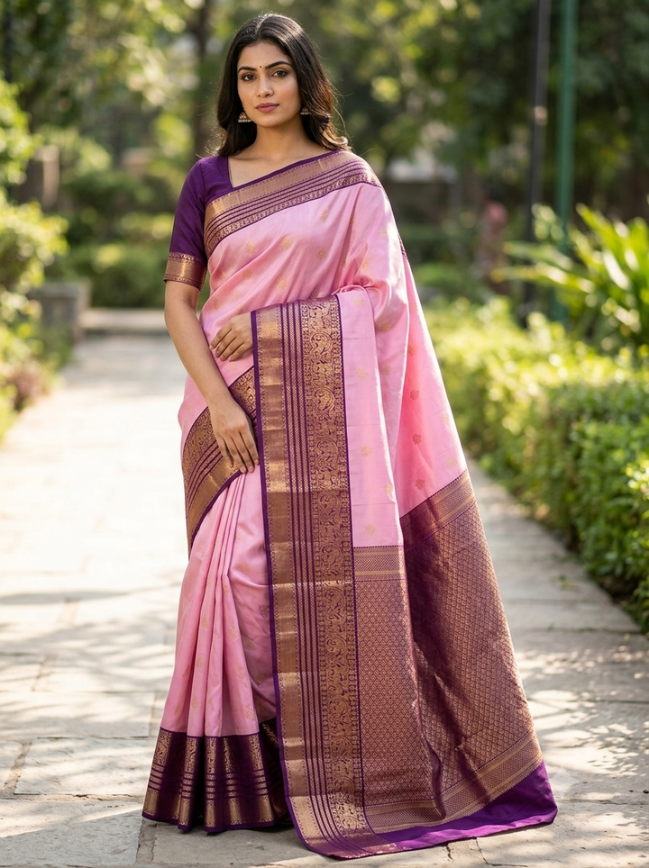Baby Pink & Dark Purple Silk Mix Saree - H20
