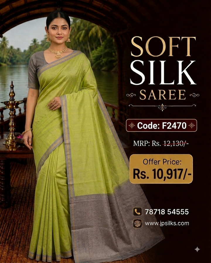 Pista Green And Grey Soft Silk Saree - F2470