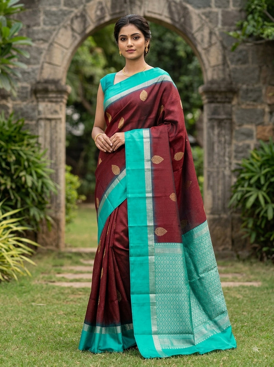 Maroon & Turquoise Soft Silk Saree - F2750