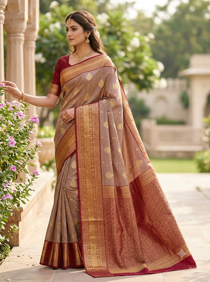 Pastel Brown & Maroon Pure Silk Mix Saree - G932
