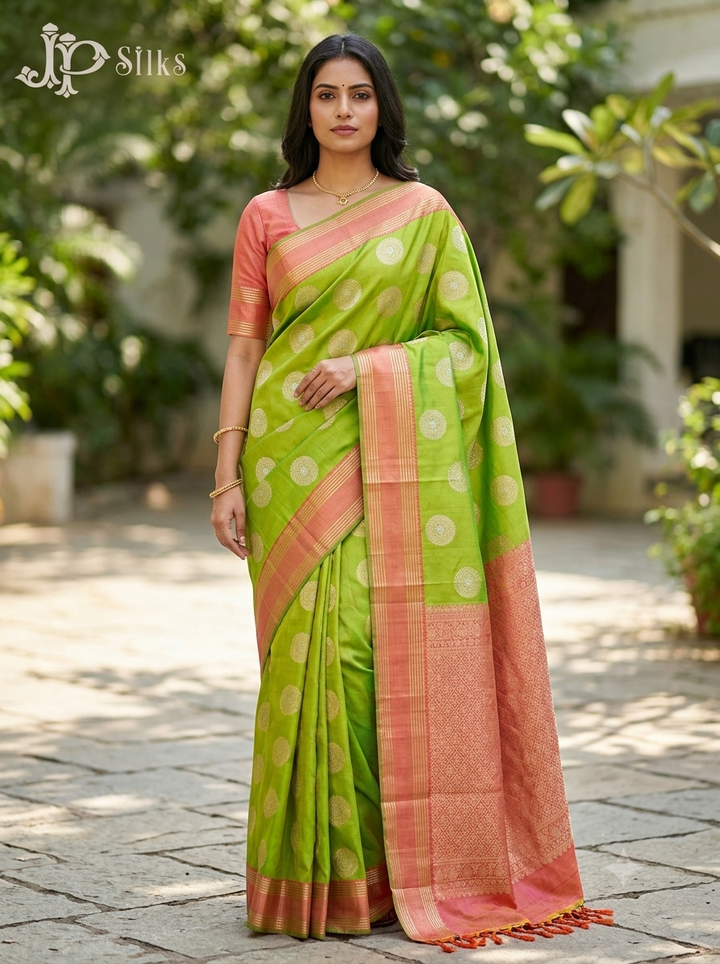 Parrot Green & Peachish Pink Soft Silk Saree - F2306