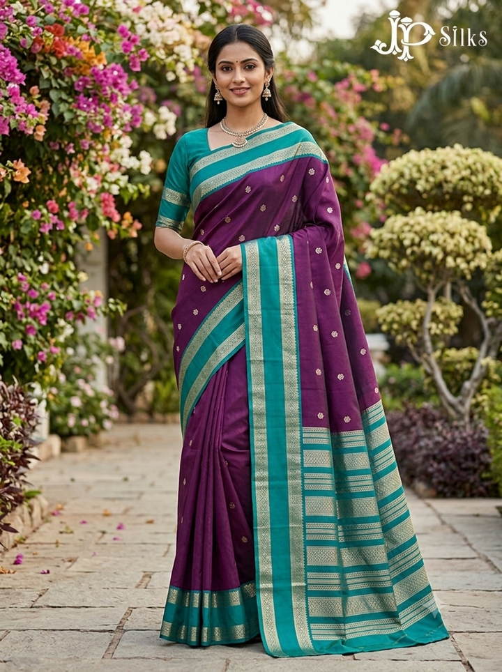Deep Purple & Teal Green Pure Silk Mix Saree - G944