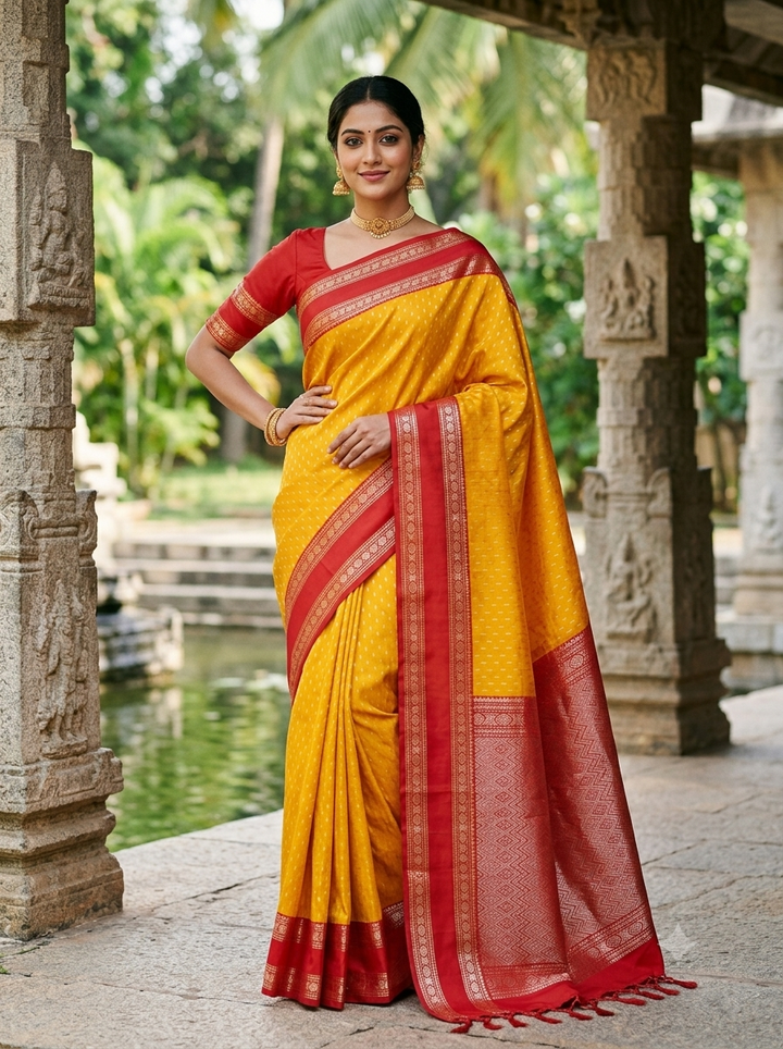 Mustard Yellow And Red Soft Silk Saree - F2914