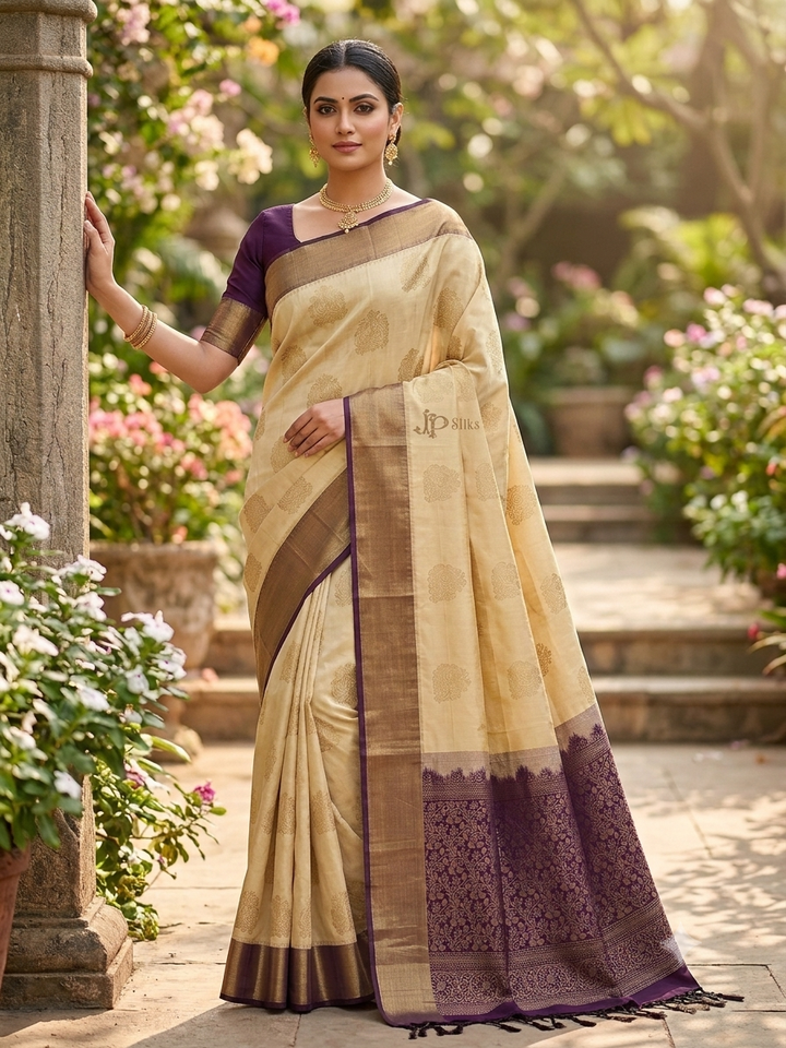 Cream with Deep Wine Soft Silk Saree - F2225