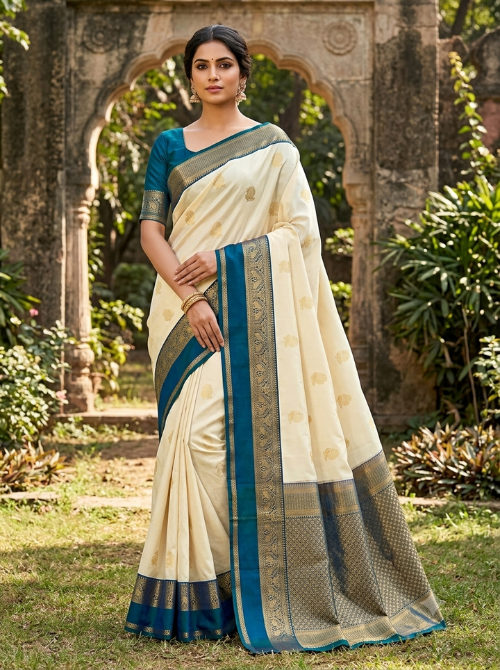 Cream & Peacock Blue Pure Silk Mix Saree - H21