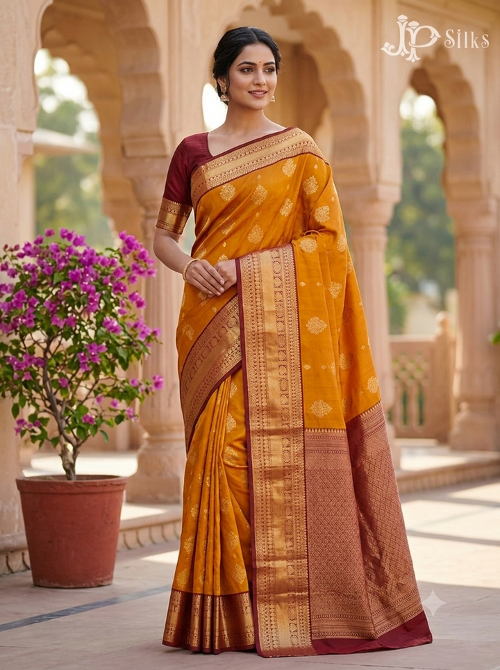 Mustard And Maroon Pure Silk Mixed Saree - G62