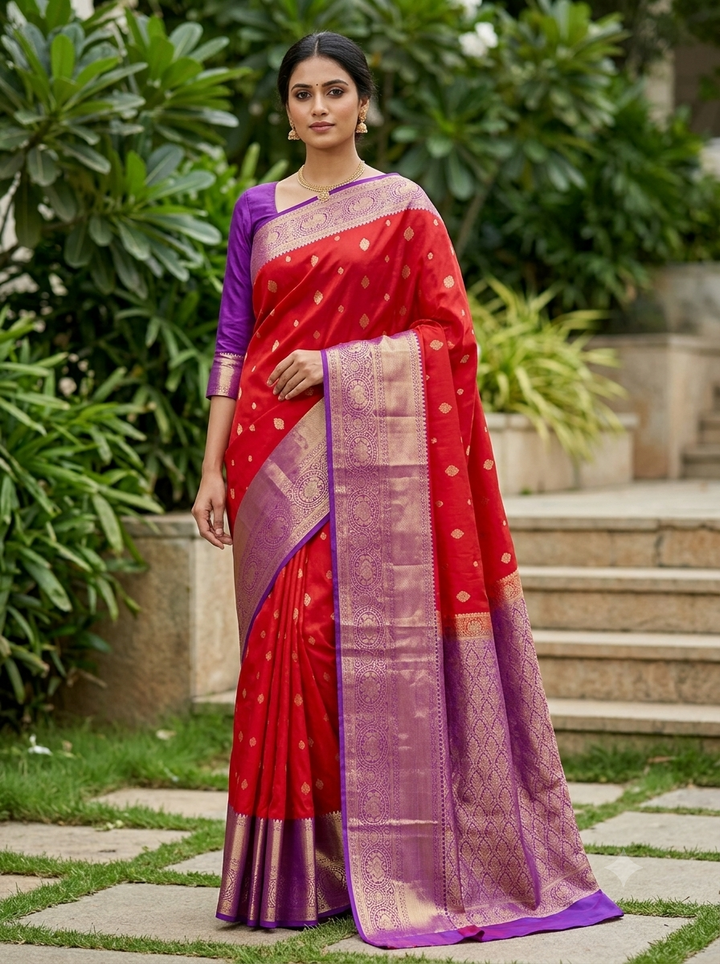 Red and Purple Pure Silk Mixed Saree - G325