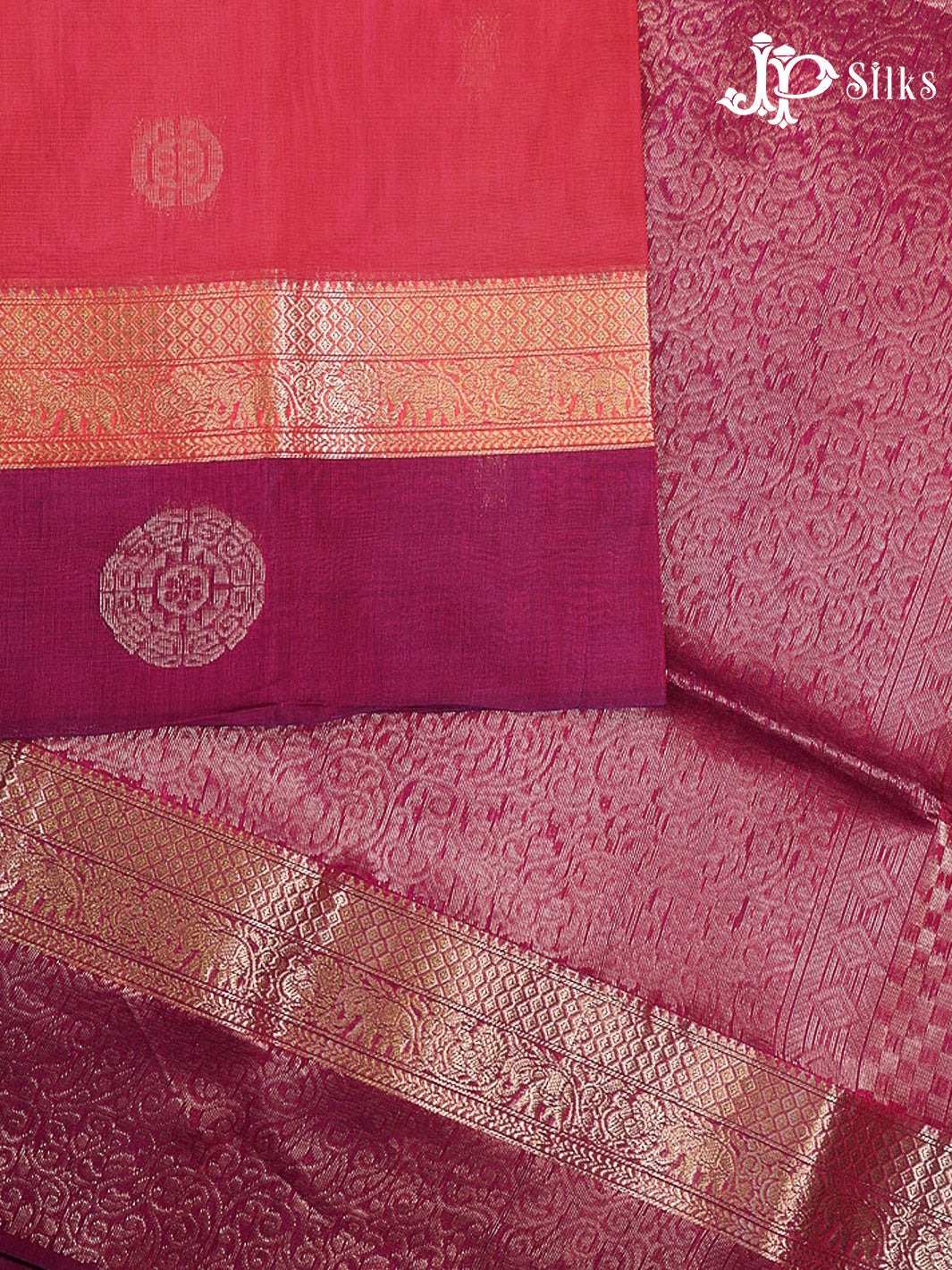 Reddish Pink & Deep Purple Kora Cotton Saree - G827