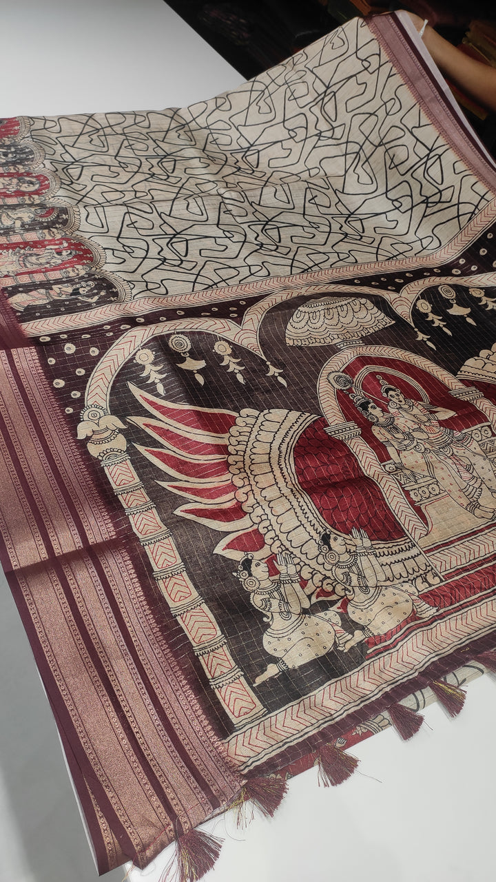 Off White and Maroon Semi Tussar Saree - G186