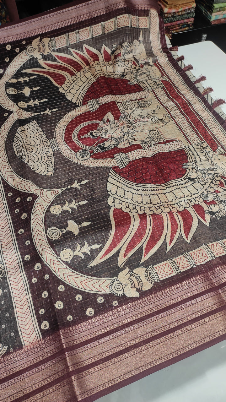 Off White and Maroon Semi Tussar Saree - G186