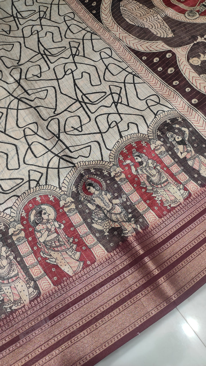 Off White and Maroon Semi Tussar Saree - G186