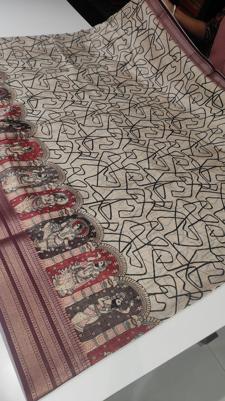 Off White and Maroon Semi Tussar Saree - G186