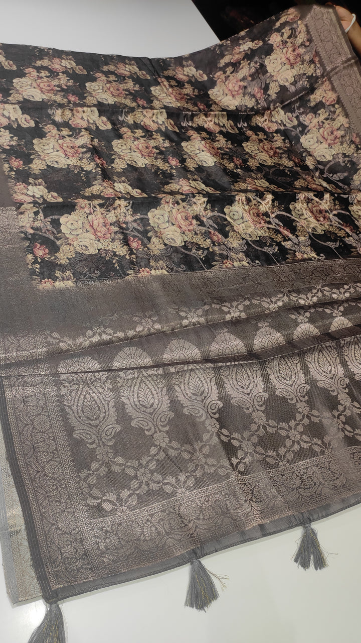 Elephant Grey Semi Banarasi Saree - F2933