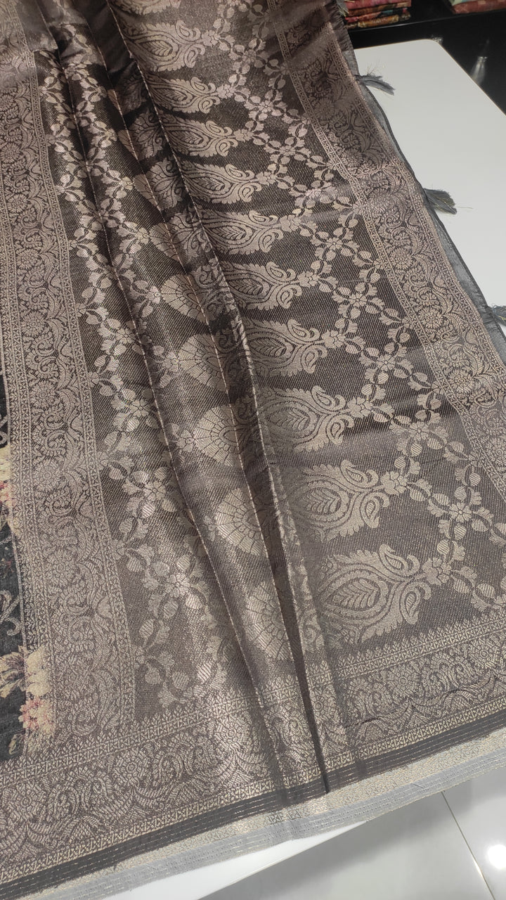 Elephant Grey Semi Banarasi Saree - F2933
