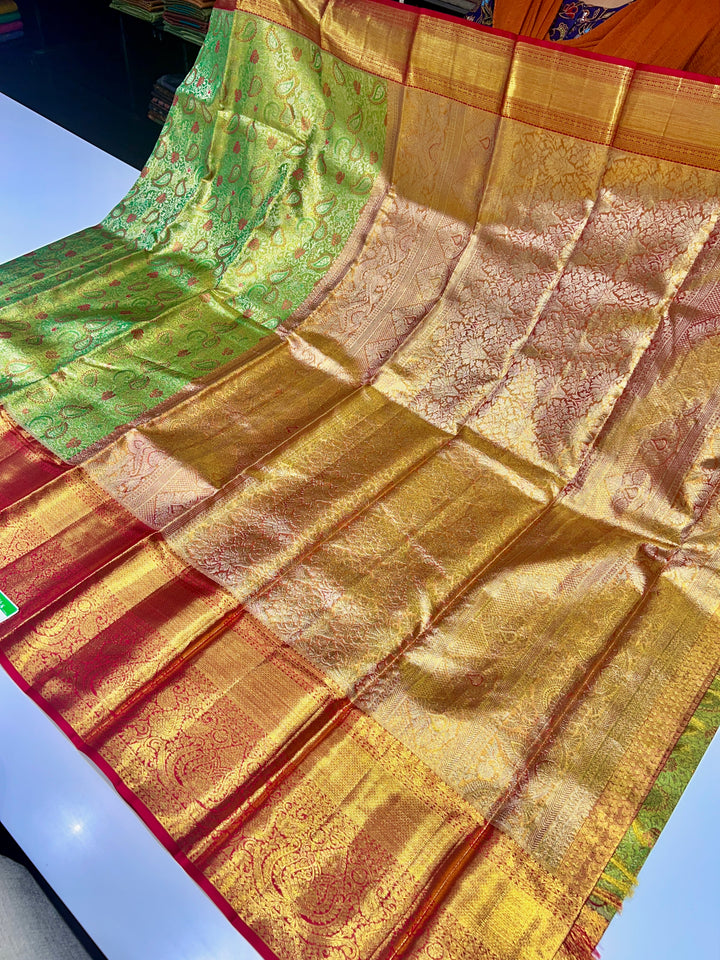 Light Green and Red Kanchipuram Pure Silk Saree - D1027