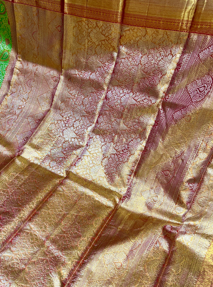 Light Green and Red Kanchipuram Pure Silk Saree - D1027
