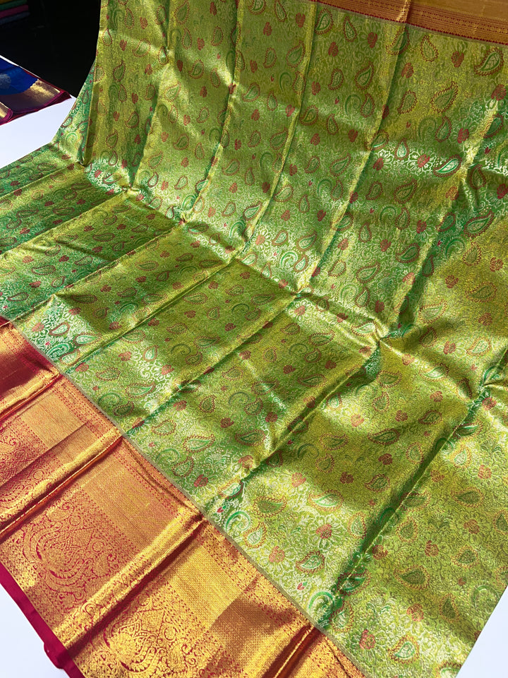 Light Green and Red Kanchipuram Pure Silk Saree - D1027