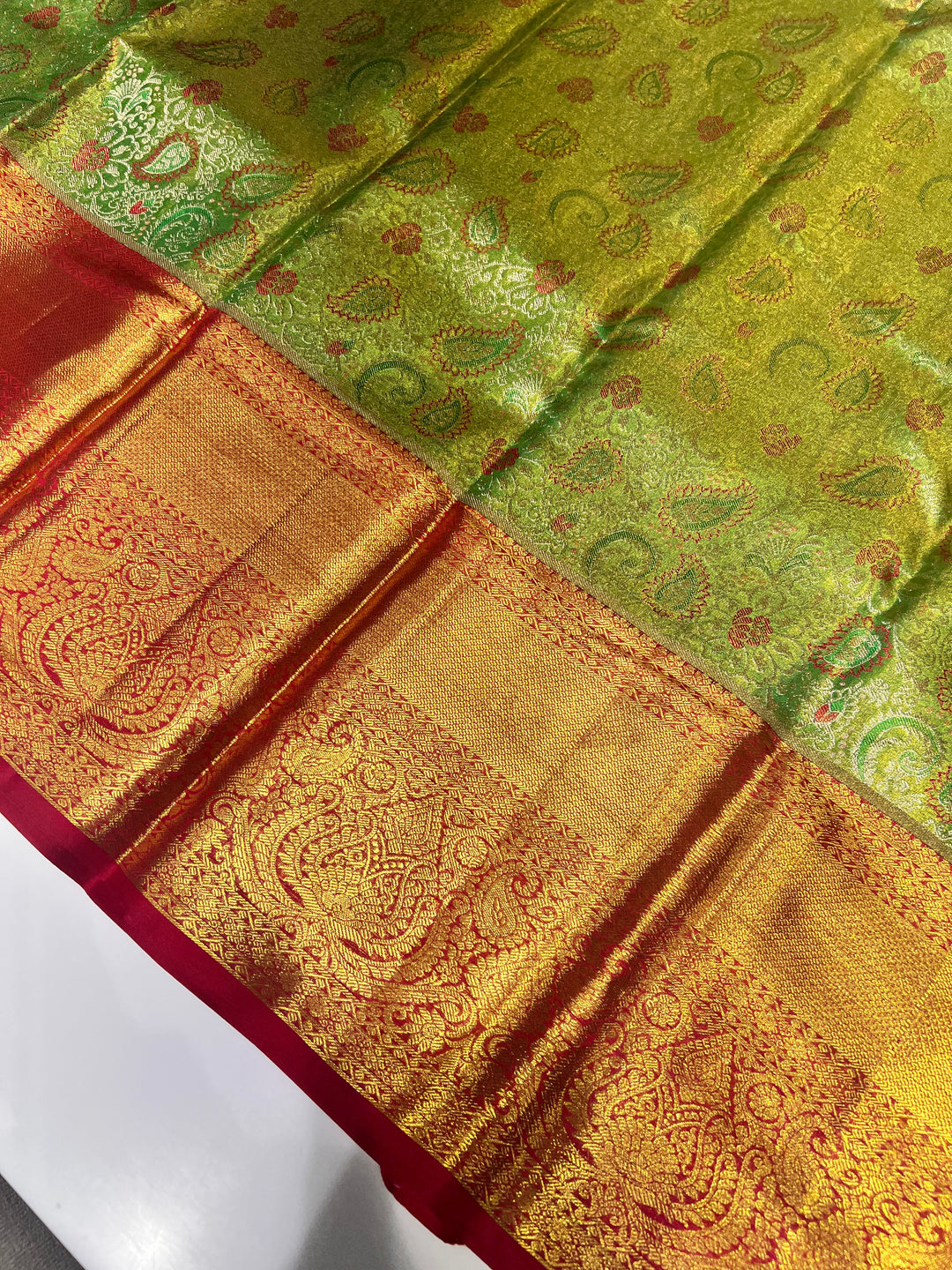 Light Green and Red Kanchipuram Pure Silk Saree - D1027