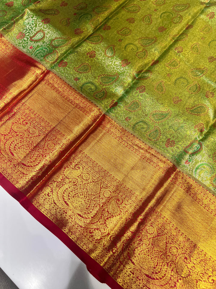Light Green and Red Kanchipuram Pure Silk Saree - D1027