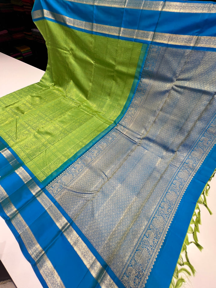 Green and Rama Blue Kanchipuram Pure Silk Saree - D7251