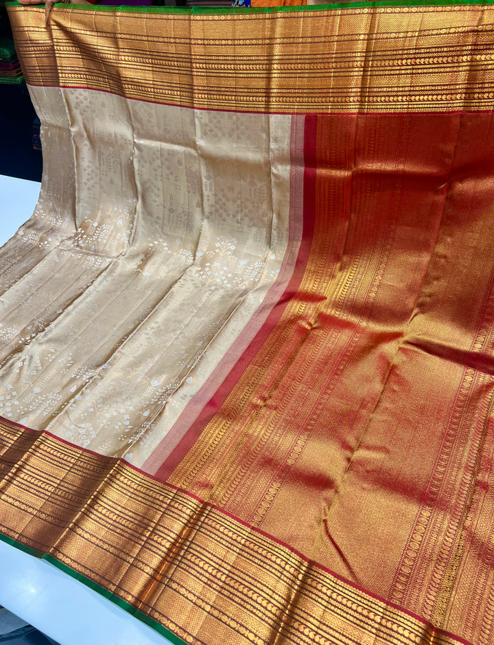 Walnut Cream and Red Kanchipuram Pure Silk Saree - D7249