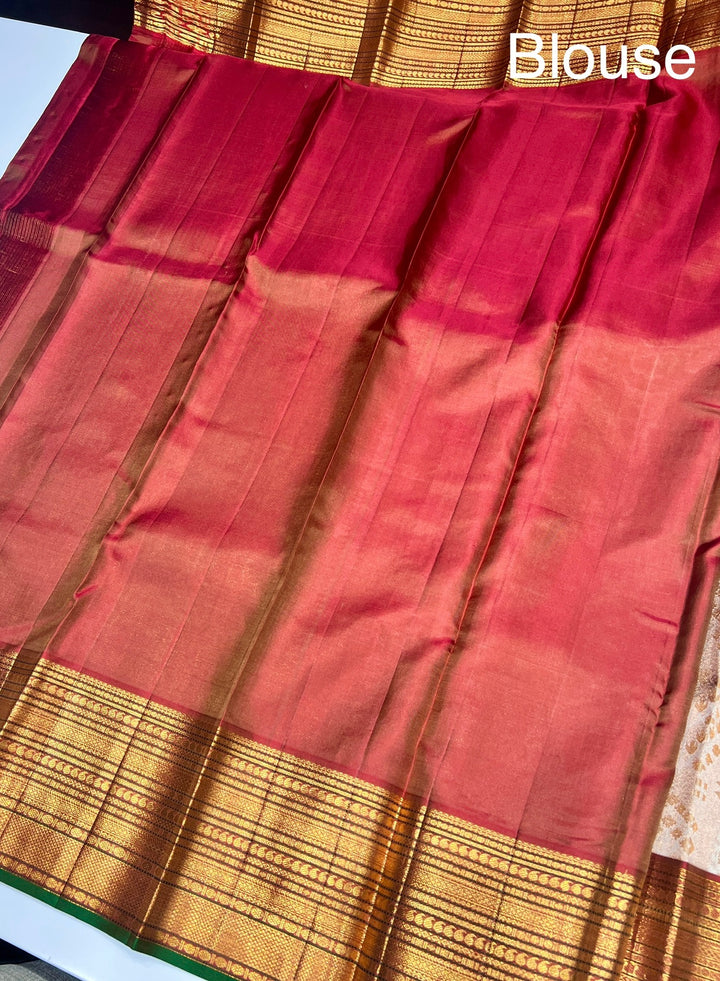 Walnut Cream and Red Kanchipuram Pure Silk Saree - D7249