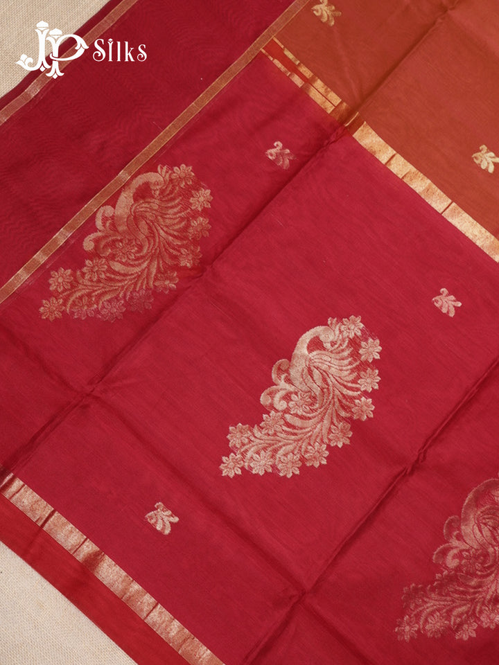 Reddish Orange and Red Kora Cotton Saree - G919