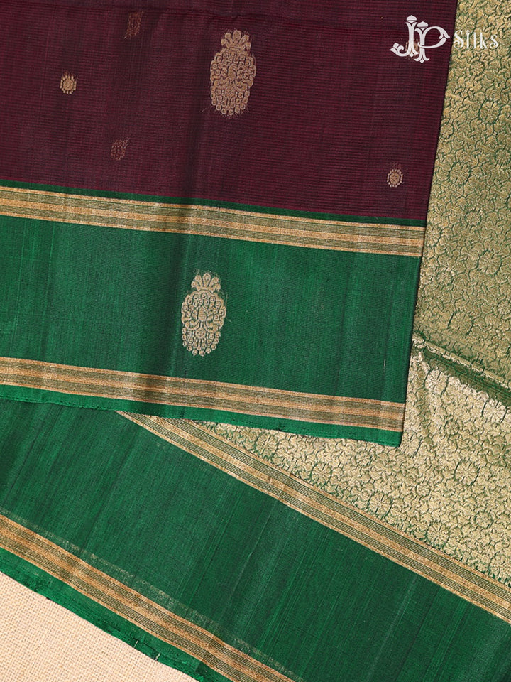 Dark wine and Bottle Green Kora Cotton Saree - G916