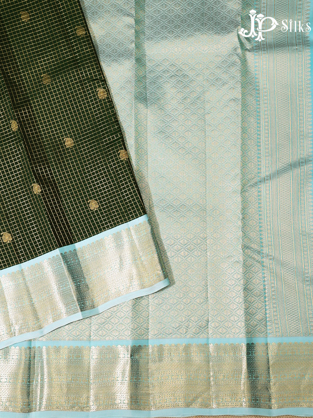 Bottle Green & Sky Blue Pure Silk Mix Saree - G938