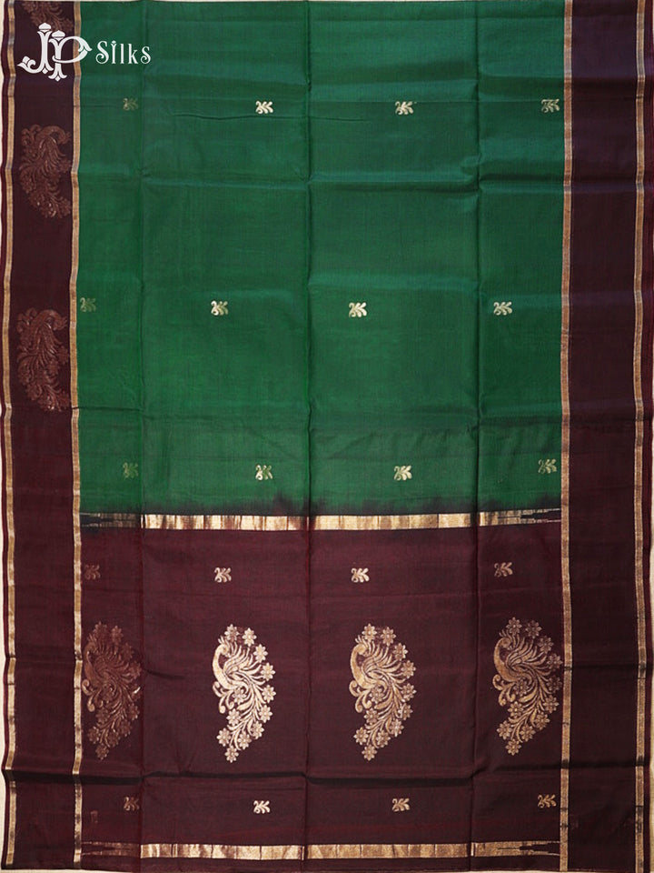 Bottle Green and Brown Kora Cotton Saree - G918