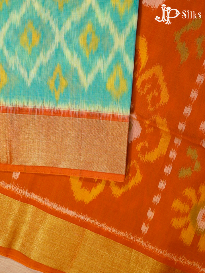Teal Green and Orange Kora Cotton Saree - G342