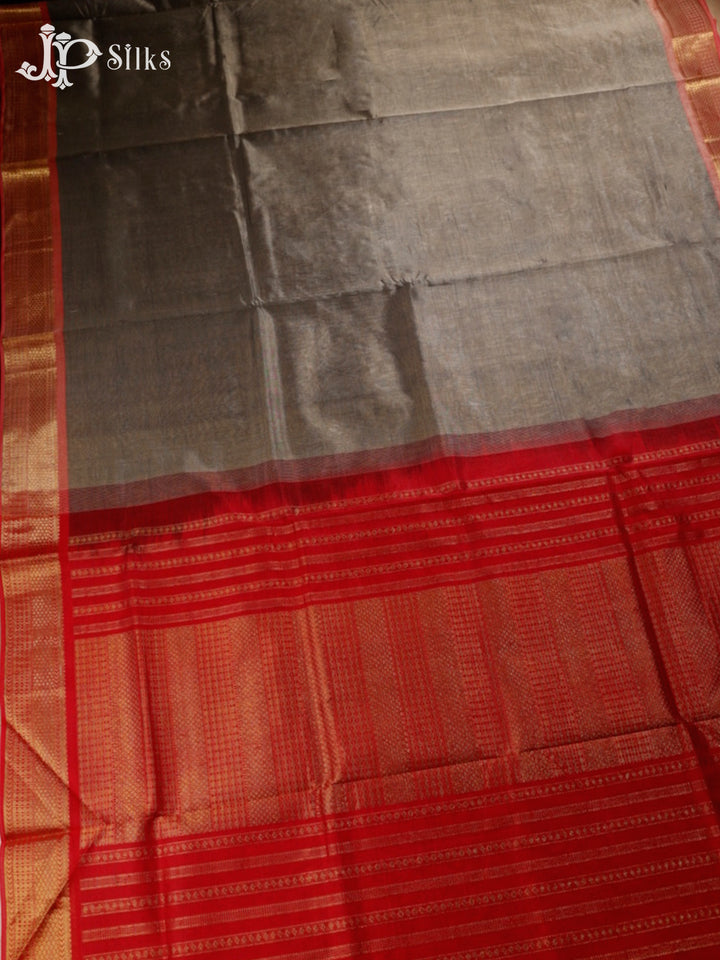 Grey and Red Silk Cotton Saree - F3423
