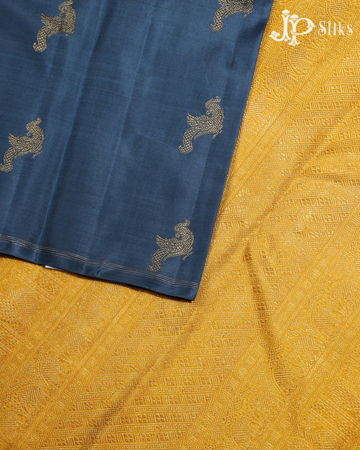 Blue Grey & Yellow Kanchipuram 2G Zari Silk Saree - H8