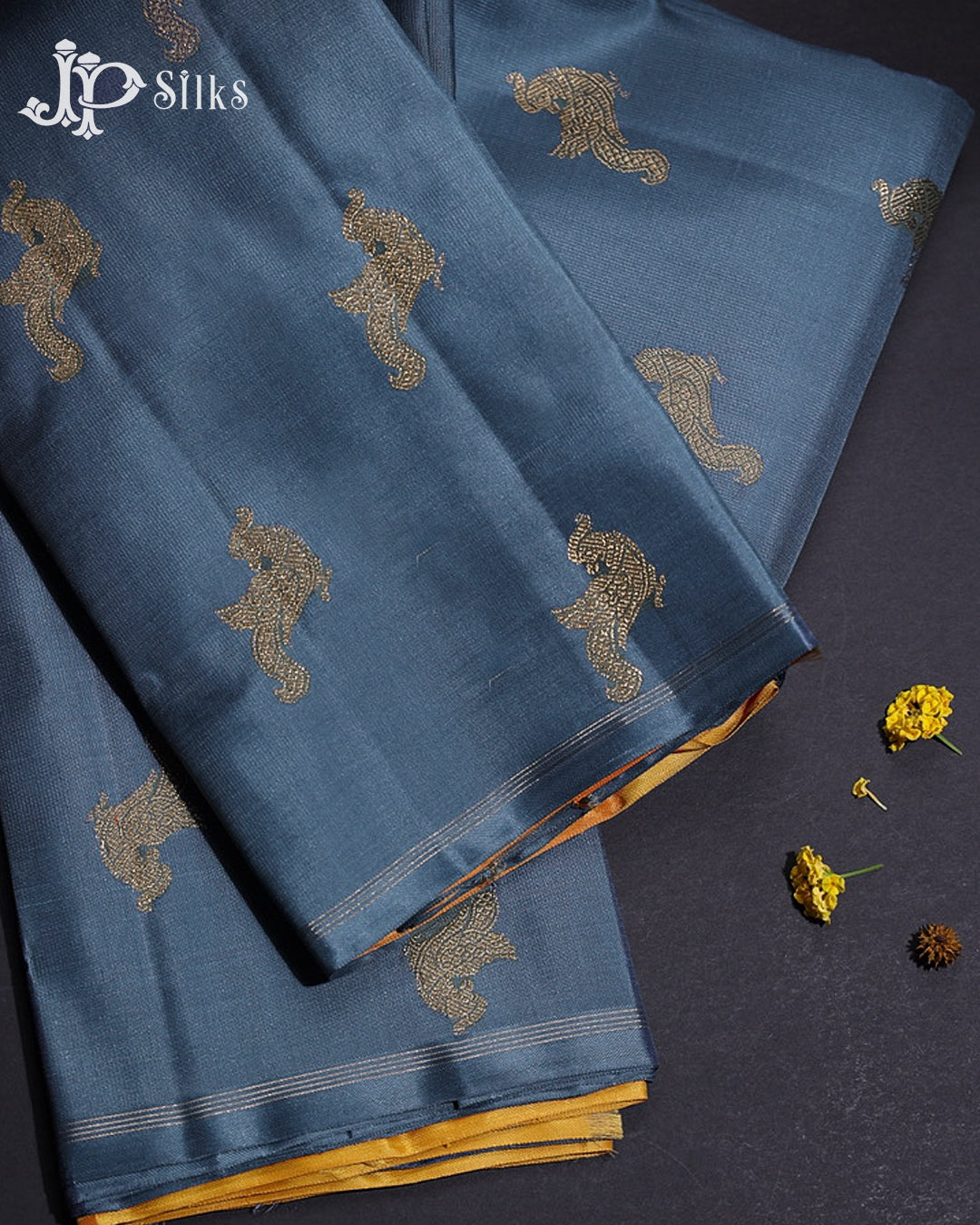 Blue Grey & Yellow Kanchipuram 2G Zari Silk Saree - H8