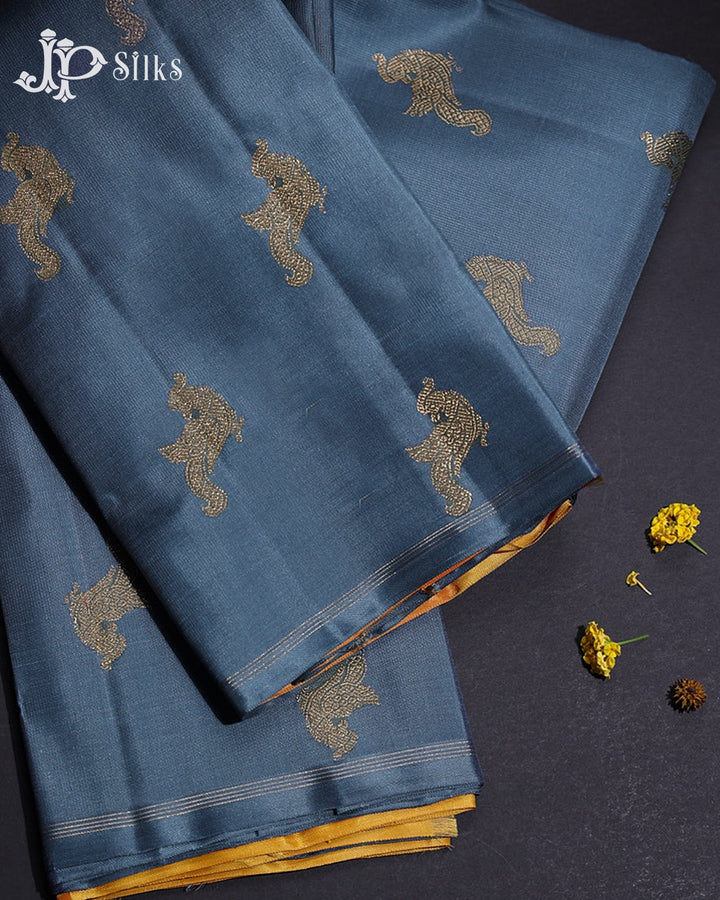 Blue Grey & Yellow Kanchipuram 2G Zari Silk Saree - H8