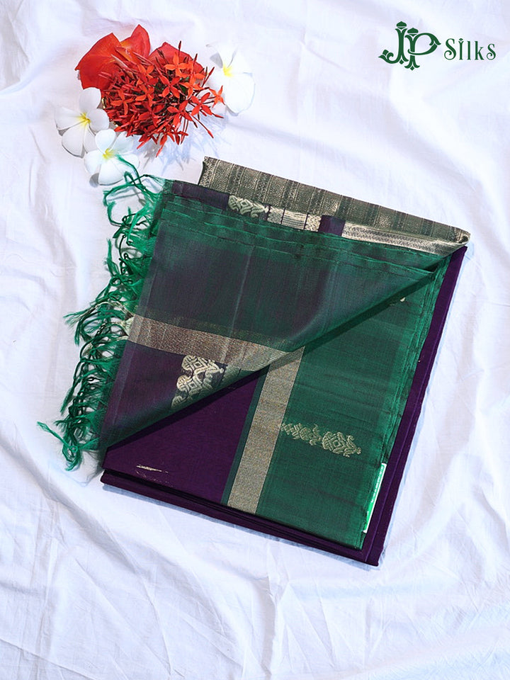 Deep Violet And Deep Bottle Green Kora Cotton Saree - G913