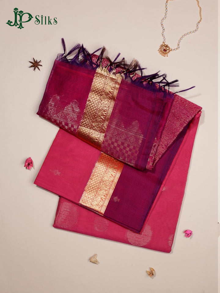 Reddish Pink & Deep Purple Kora Cotton Saree - G827-view1