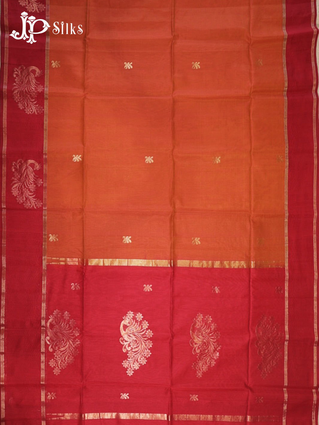 Reddish Orange and Red Kora Cotton Saree - G919